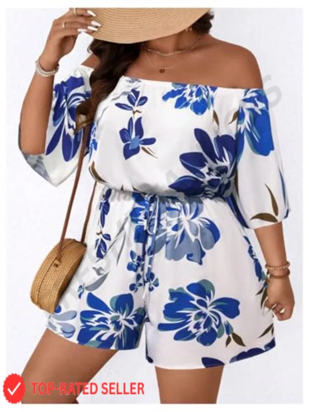Plus Size Floral Off Shoulder Romper Wide Leg Short Jumpsuit Vacation